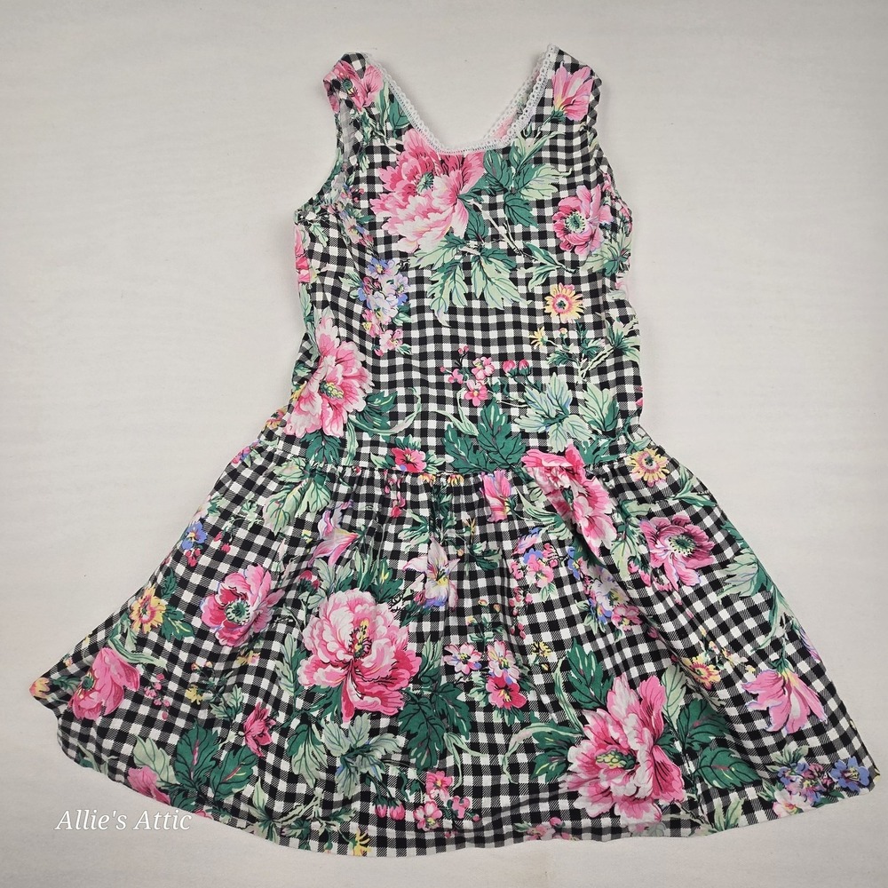 Vintage Girls Dress Sleeveless Tank Pink Black Gingham Flower‎ Floral Cotton Tie